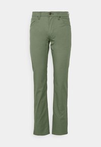 Pantalons en coton verts avec une coupe droite, dotés d'une fermeture à bouton et à zip, de cinq poches et d'une couture ton sur ton.