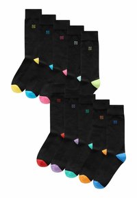 Set of 10 black socks featuring colored toe accents in pink, green, blue, yellow, orange, red, purple, and light blue. Cotton blend material.