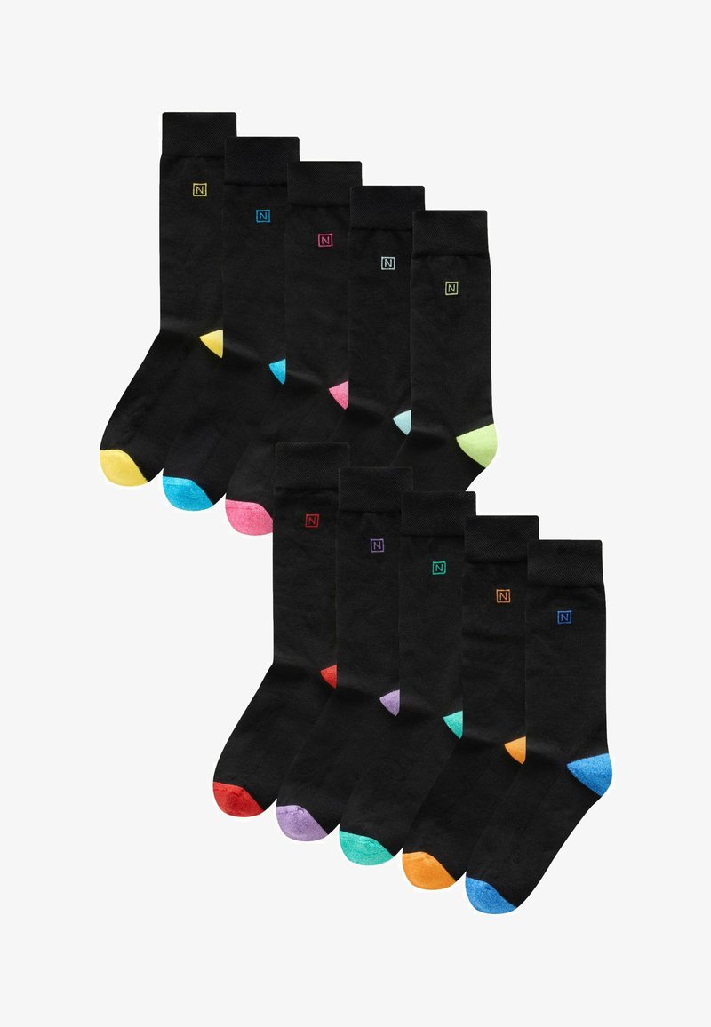 Súprava 10 čiernych ponožiek s farebnými špičkami v ružovej, zelené, modrej, žltej, oranžovej, červenej, fialovej a svetlomodrej farbe. Materiál z bavlneného zmesi.