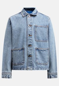Light blue denim jacket with a collar, front button closure, and two patch pockets. Features contrasting stitching and a relaxed fit.