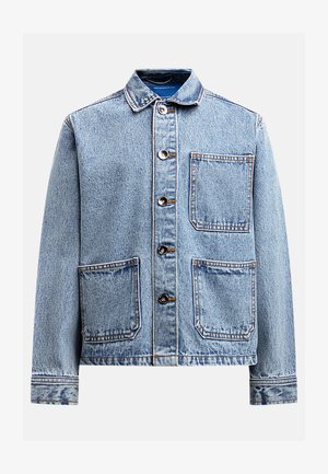 Light blue denim jacket with a collar, front button closure, and two patch pockets. Features contrasting stitching and a relaxed fit.