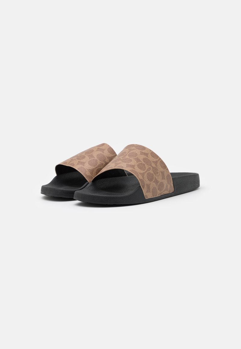 Brown patterned slide sandals with a wide strap and black rubber soles, featuring a textured upper material and open-toe design.