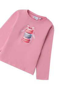 Roze longsleeve shirt met een macaroonafbeelding in het midden, voorzien van een strik en decoratieve edelstenen. Zacht, jersey materiaal en ontwerp met ronde hals.