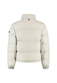 Pufferjack in lichtbeige, met een hoge kraag, elastische manchetten en horizontale stiksels. Minimalistisch ontwerp met een matte afwerking.