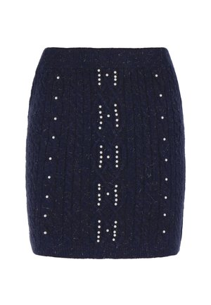 Jupe mini en laine marine avec un motif en câble, ornée de perles blanches en faux dans des arrangements verticaux et horizontaux, taille élastique.