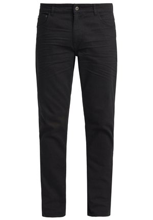 Schwarze Denim-Hose mit geradem Bein, ausgestattet mit einem Reißverschluss, Knopfverschluss, fünf Taschen und dezenten Nähdetails.