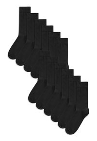 Schwarze Crew-Socken, Baumwollmischung, gerippter Bund, nahtloser Zehenbereich, 12 Paar, einheitliche Farbe und Design, glatte Textur, mittlere Dicke.