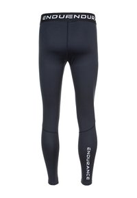 Mustat urheiluleggingit, joissa on tiukka muotoilu. Vasemmassa lahkeessa valkoinen "ENDURANCE" -logo ja leveä joustava vyötärönauha.
