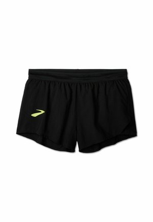 Zwarte lichte hardloopshorts met elastische tailleband en klein geel logo aan de linker voorkant.
