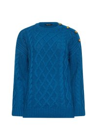 Blauer Strickpullover mit einem Zopfmuster, Rundhalsausschnitt und goldfarbenen Knopfdetails an der linken Schulter. Strukturierter Stoff, lange Ärmel.