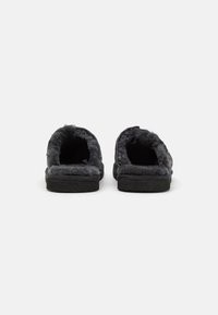 Gray fuzzy slippers with a soft plush inner lining, flat black soles, and minimalistic design. Open back for easy wear.