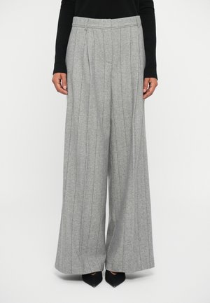 Gray, wide-leg trousers made of soft fabric with vertical stripes. Features a tailored waistband, pleats, and a flowing silhouette.