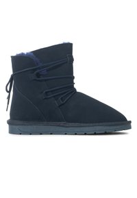 Stivali alla caviglia in suede blu navy con una morbida fodera in pelliccia, caratterizzati da una punta arrotondata, suola in gomma piatta e lacci decorativi sulla parte anteriore.