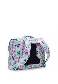 Flerfärgad blommig tryckväska med justerbara remmar och en enfärgad svart panel. Tillverkad av tyg, med en fyrkantig form och strukturerad design.