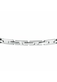 Bracciale in acciaio inossidabile con link rettangolari intrecciati, finitura lucida e logo inciso, caratterizzato da un design elegante e liscio.
