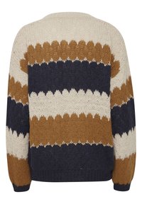 Stickad tröja med scallop-mönstrade ränder i kräm, senapsgul, marinblå och brun. Fuzzy textur med långa ärmar och rundad hals.