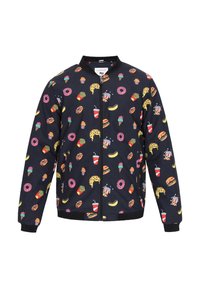 Giubbotto bomber nero con una stampa colorata a tema cibo, che include pizze, ciambelle, patatine e gelato, con polsini e colletto a coste.