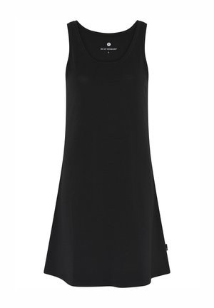 Schwarzes ärmelloses Kleid aus weicher Baumwolle, mit rundem Halsausschnitt und A-Linie, mit einem subtilen Logo-Tag an der Seite.