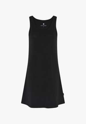 Zwarte mouwloze jurk van zachte katoen, met een ronde halslijn en een A-lijn silhouet, voorzien van een subtiele logolabel aan de zijkant.