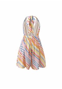Bunt gestreiftes Kleid mit Neckholder, elastischem Taillenbund und weit schwingendem Rock in Blau, Pink, Orange und Gelb.