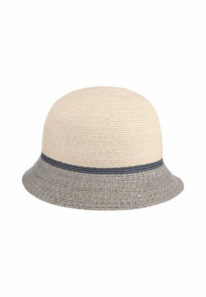 Beige and gray woven cloche hat with a short brim and a dark thin band separating the two colors.