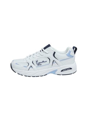 White athletic sneaker with mesh and leather materials, blue accents, lace-up design, and a thick rubber sole featuring "KARL KANI" branding.