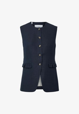 Veste sans manches bleu marine avec encolure ronde, boutons sur le devant et petites poches à rabat volanté, coupe cintrée.