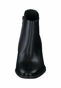 Černá kožená kotníková bota s hladkou texturou, zaoblenou špičkou a bočním zipem na zapínání. Minimalistický design s nízkým podpatkem.