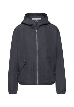 Donkergrijze gewatteerde jas met capuchon, ritssluiting aan de voorkant, twee klepzakken met knoop en elastische manchetten.