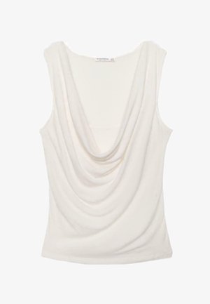 Sleeveless white top with a deep draped cowl neckline and soft, flowing fabric.