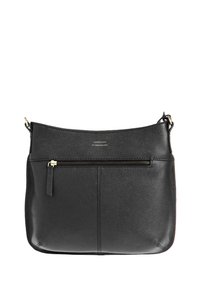 Sac à bandoulière en cuir noir avec une poche zippée à l'avant, quincaillerie dorée et nom de marque subtilement embossé sur une surface lisse et texturée.