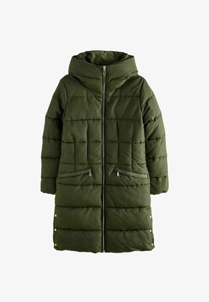 Grüner Daunenmantel mit Kapuze, featuring einen Reißverschluss, steppgemusterter Textur, zwei Seitentaschen und metallischen Akzenten an den Ärmeln.