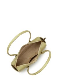 Sac à main en cuir vert avec fermeture éclair et deux poignées. L'intérieur est doublé d'une doublure beige lisse, avec un compartiment spacieux.
