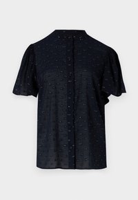 Blusa navy a maniche corte con maniche a sbuffo, scollatura rotonda, chiusura con bottoni e motivo testurizzato con piccoli dettagli ricamati.
