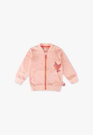 Rosa Kinderjacke mit Reißverschluss, Fronttaschen und besticktem orangefarbenem Vogelmotiv auf der rechten Seite.