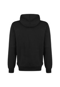 Zwarte hoodie gemaakt van zachte stof, met een buidelzak, ribgebreide manchetten en zoom. Het achteraanzicht toont geen extra details.