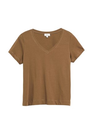 Brązowy bawełniany T-shirt z krótkim rękawem i dekoltem w serek, z widocznymi przeszyciami oraz metką marki s.Oliver umieszczoną wewnątrz kołnierza.