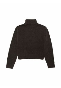 Dunkelbrauner Rollkragenpullover aus einem weichen Strickmaterial. Mit langen Ärmeln und cropped Länge sowie gerippten Säumen.