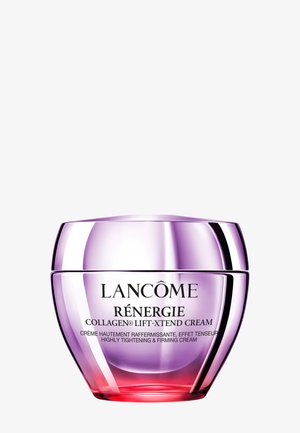 Pot de crème Lancome Renergie Collagen Lift-Xtend avec dégradé violet et rose, étiqueté crème très raffermissante et tonifiante.
