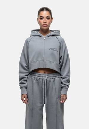 Grijze cropped hoodie met rits en trekkoord, met elastische manchetten en een bijpassende relaxte broek. Eenvoudig geborduurd logo-detail.