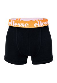 Mustat bokserit 100 % puuvillaa, joissa on oranssi elastinen vyötärönauha, jossa brändin nimi "ellesse" on valkoisella tekstillä.