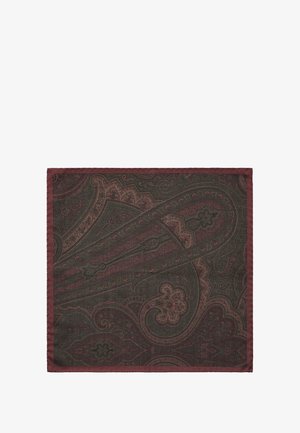 Fazzoletto da taschino scuro in paisley con intricati motivi borgogna e verdi, bordato da un bordo solido borgogna. Tessuto morbido.