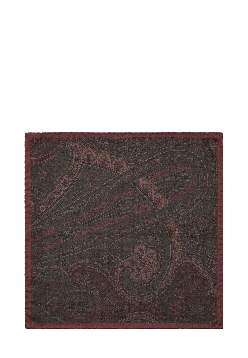 Tumma paisley-taskuliina, jossa on monimutkaisia burgundin ja vihreän kuvioita, reunustettu kiinteällä burgundin värisellä reunalla. Pehmeä kangasrakenteeltaan.