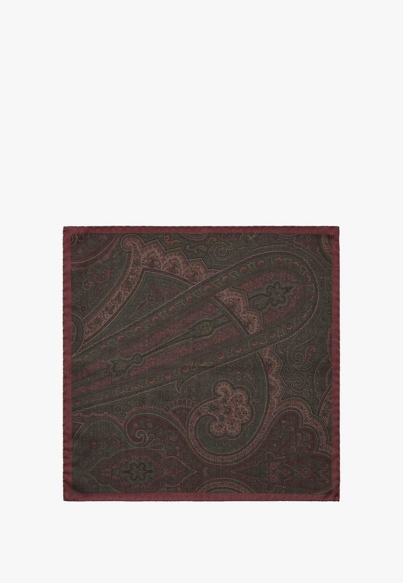 Fazzoletto da taschino scuro in paisley con intricati motivi borgogna e verdi, bordato da un bordo solido borgogna. Tessuto morbido.