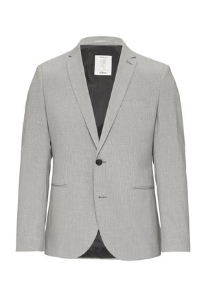 Lichtgrijze blazer van gestructureerde stof, met een enkele knoopsluiting, notch revers, twee voorzakken en een gladde zwarte voering.