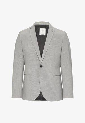 Lichtgrijze blazer van gestructureerde stof, met een enkele knoopsluiting, notch revers, twee voorzakken en een gladde zwarte voering.