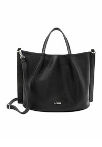 Borsa tote in pelle nera con finitura testurizzata, doppi manici e tracolla removibile. Presenta un dettaglio logo discreto sul davanti.