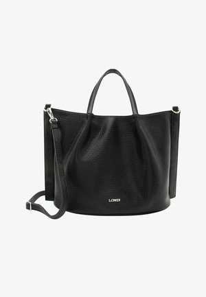 Borsa tote in pelle nera con finitura testurizzata, doppi manici e tracolla removibile. Presenta un dettaglio logo discreto sul davanti.