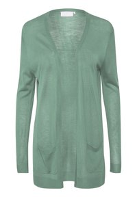 Cardigan verde chiaro, design con apertura frontale, maniche lunghe, due tasche frontali, texture in maglia morbida, materiale leggero, stile casual.