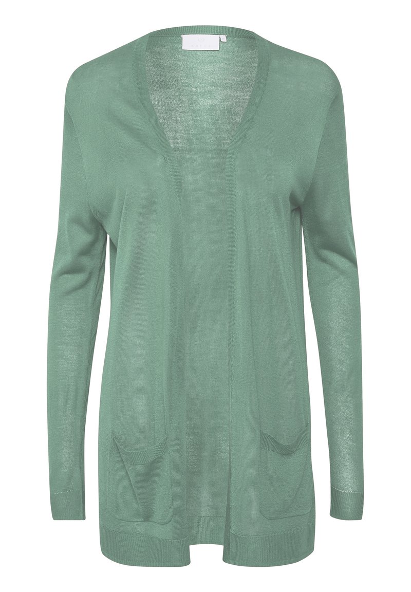 Cardigan verde chiaro, design con apertura frontale, maniche lunghe, due tasche frontali, texture in maglia morbida, materiale leggero, stile casual.